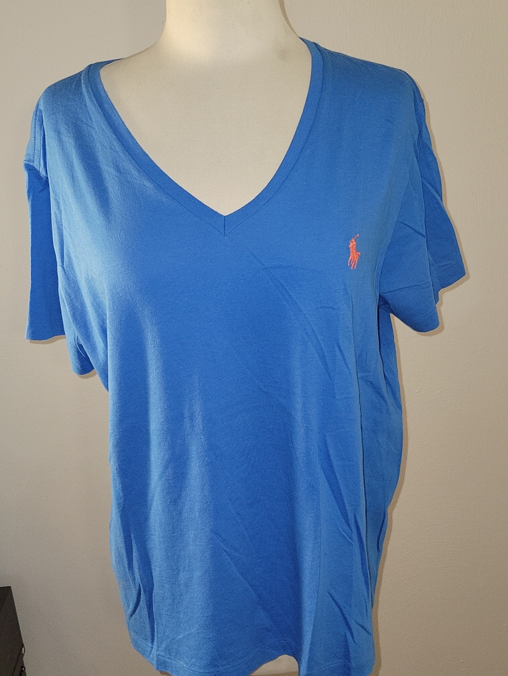 Polo by Ralph Lauren V-Neck Tee in Bright Blue with Orange Logo